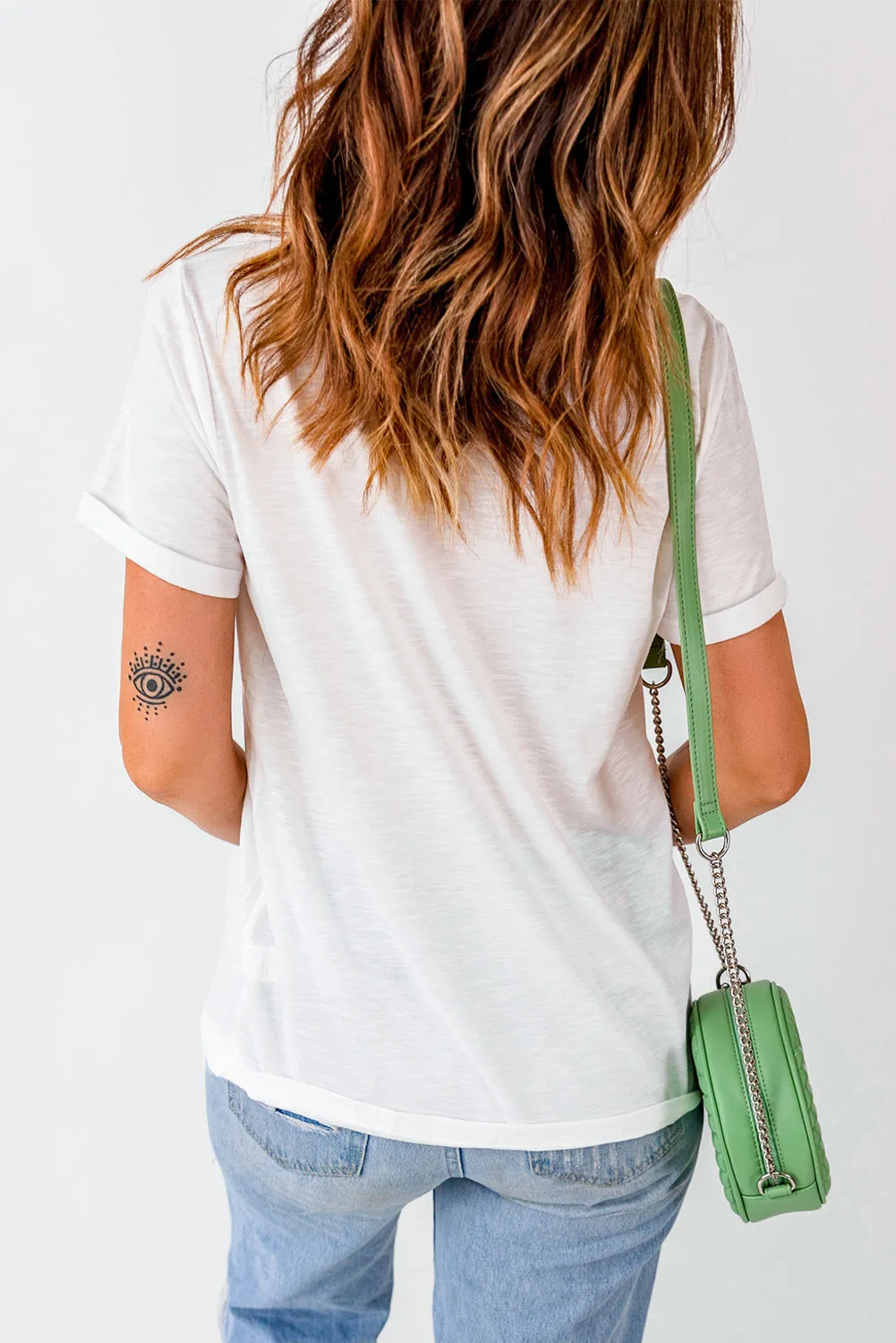 White Flowing Bow Knot Print Round Neck Casual Tee